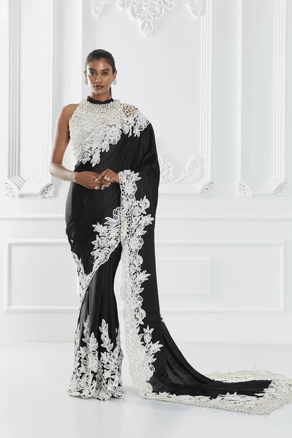Black Floral Embroidered Saree Set