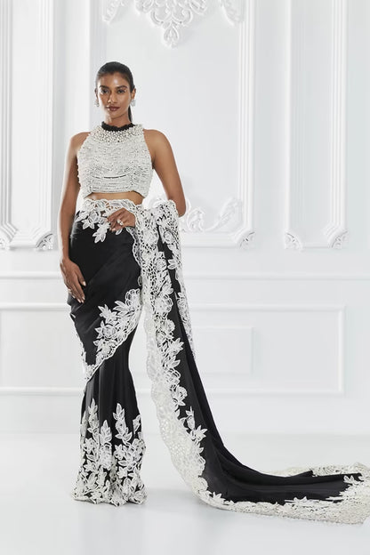 Black Floral Embroidered Saree Set