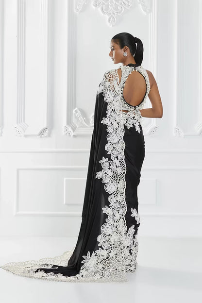 Black Floral Embroidered Saree Set