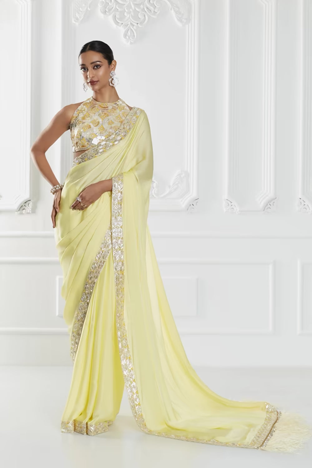 Lime Yellow Sequin Saree Set