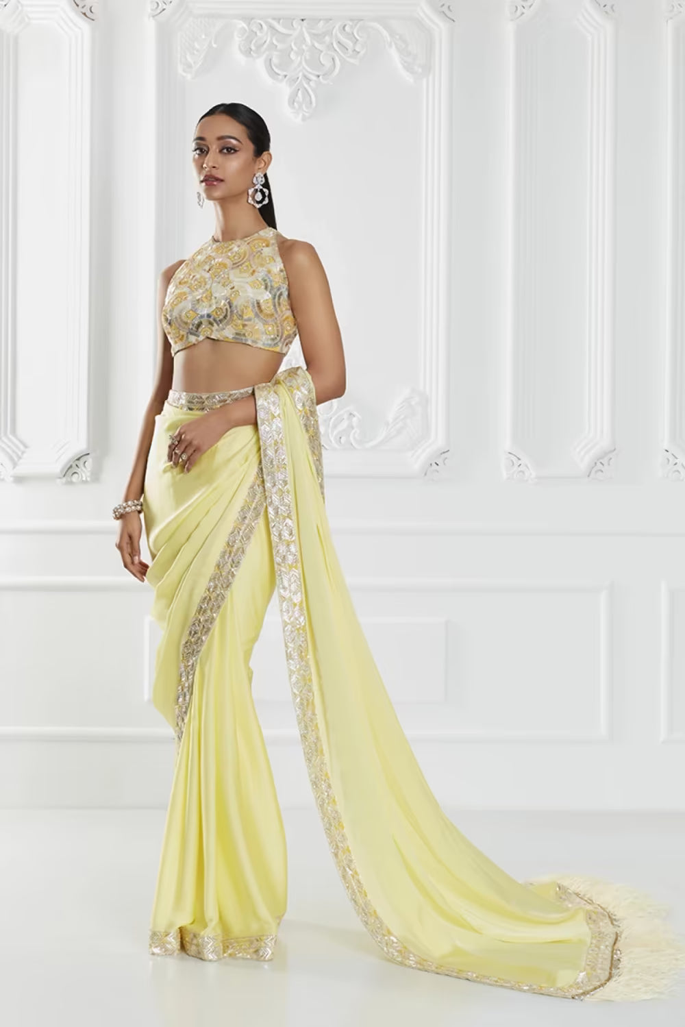 Lime Yellow Sequin Saree Set