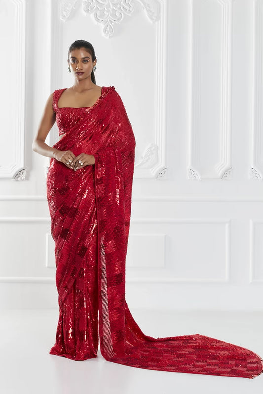 Red Sequin Embellished Saree Set