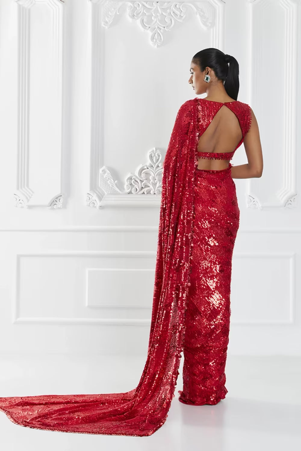 Red Sequin Embellished Saree Set