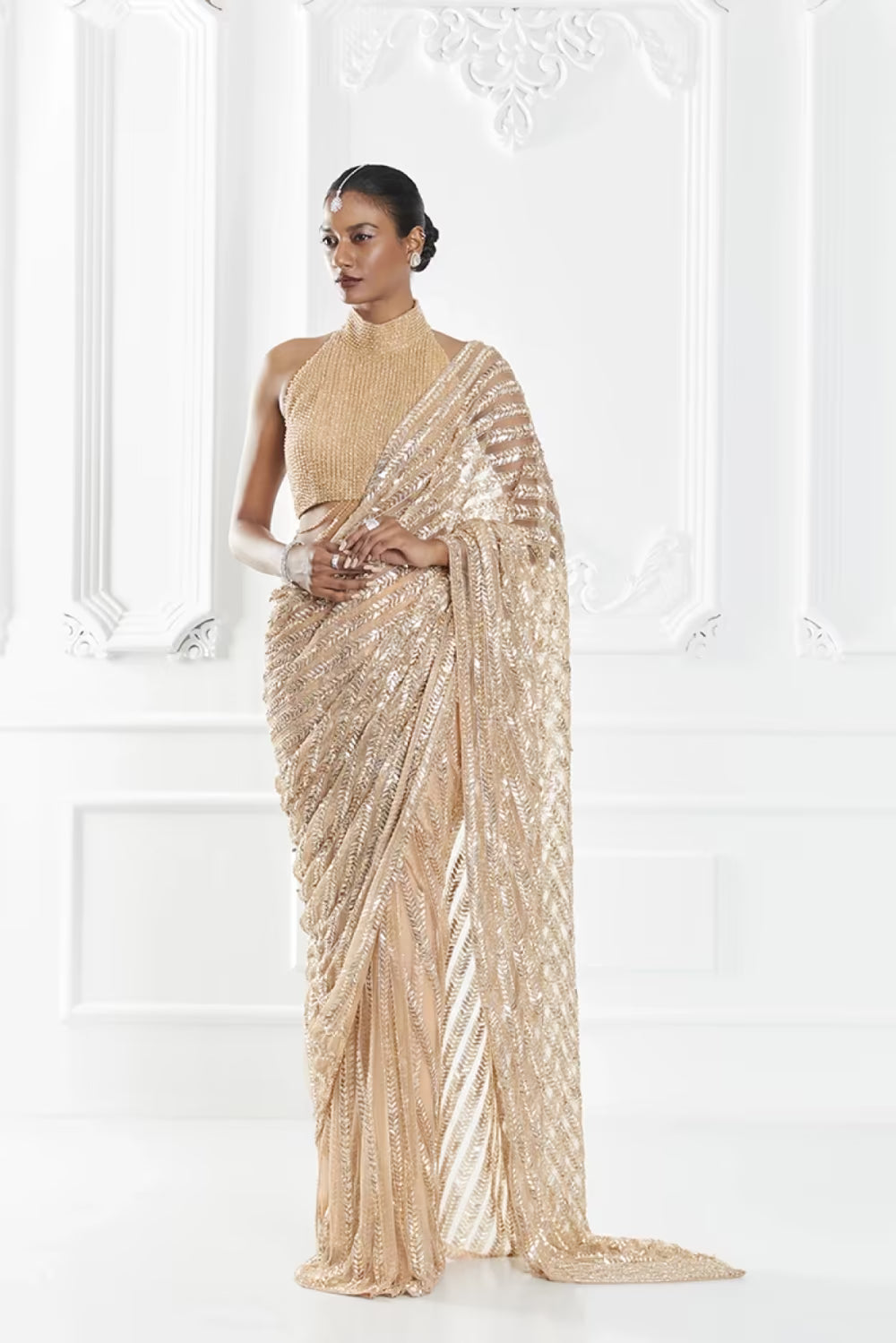 Brown and Gold Stone Encrusted Saree Set
