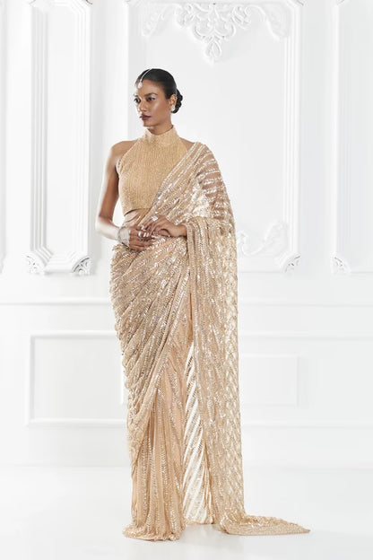 Brown and Gold Stone Encrusted Saree Set