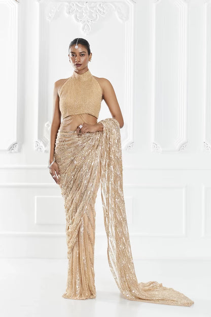 Brown and Gold Stone Encrusted Saree Set