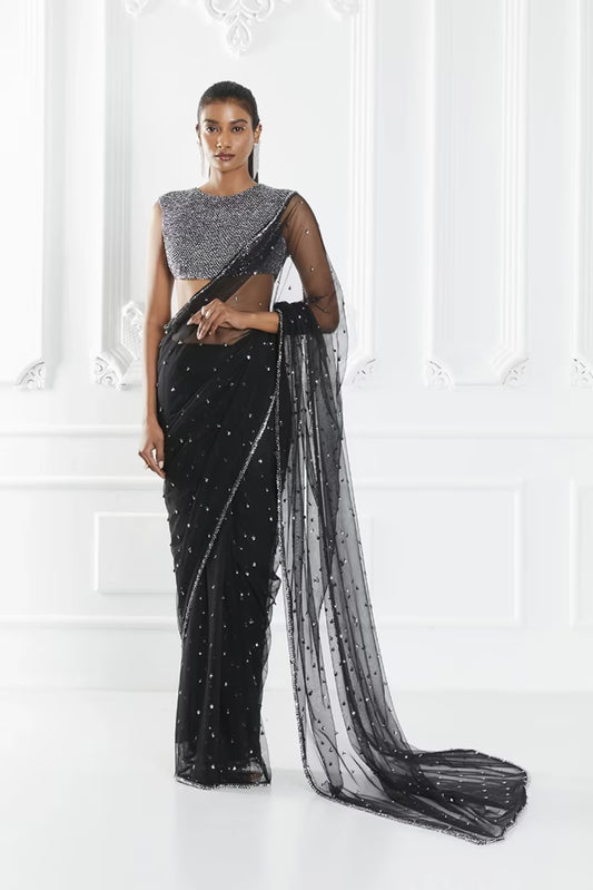 Black Crystal Embellished Saree Set