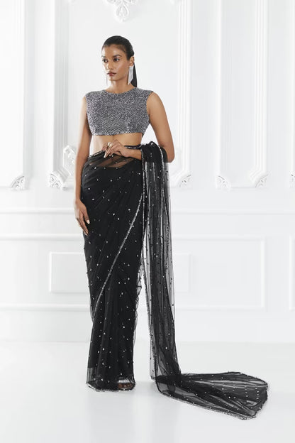 Black Crystal Embellished Saree Set