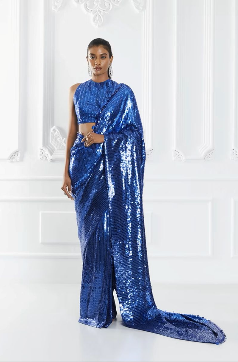 Blue Sequin Embellished Saree Set