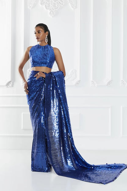 Blue Sequin Embellished Saree Set