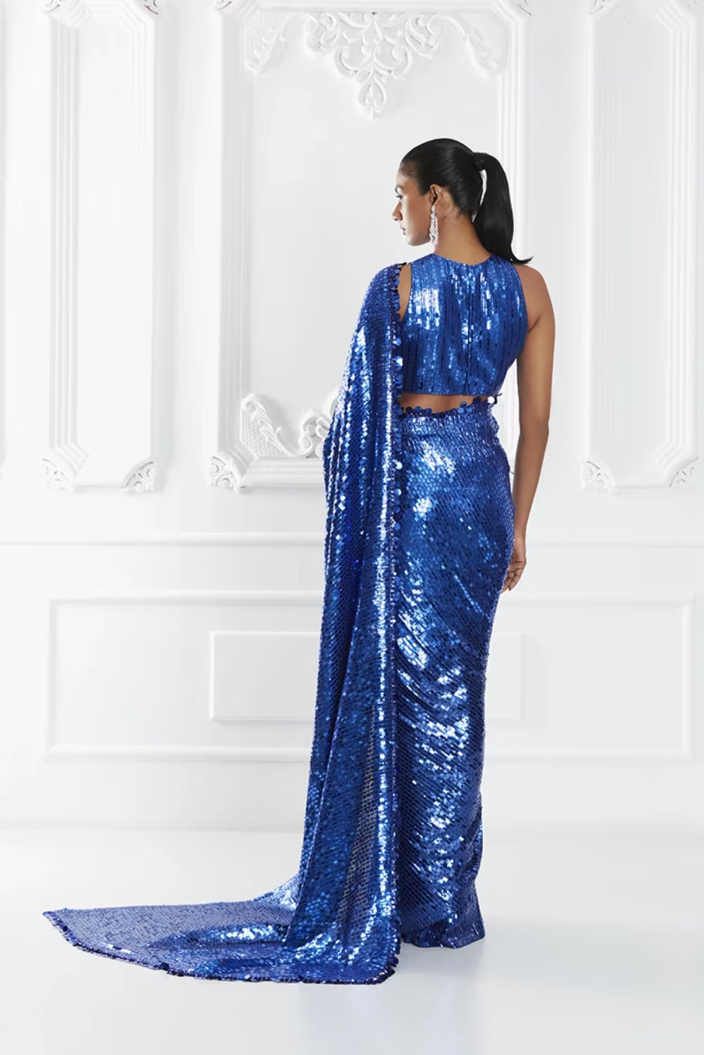 Blue Sequin Embellished Saree Set