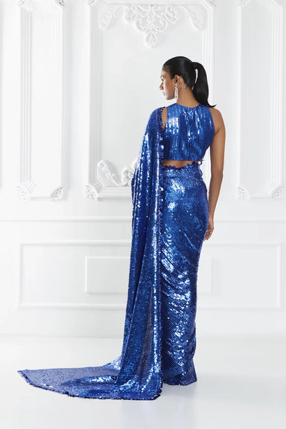 Blue Sequin Embellished Saree Set