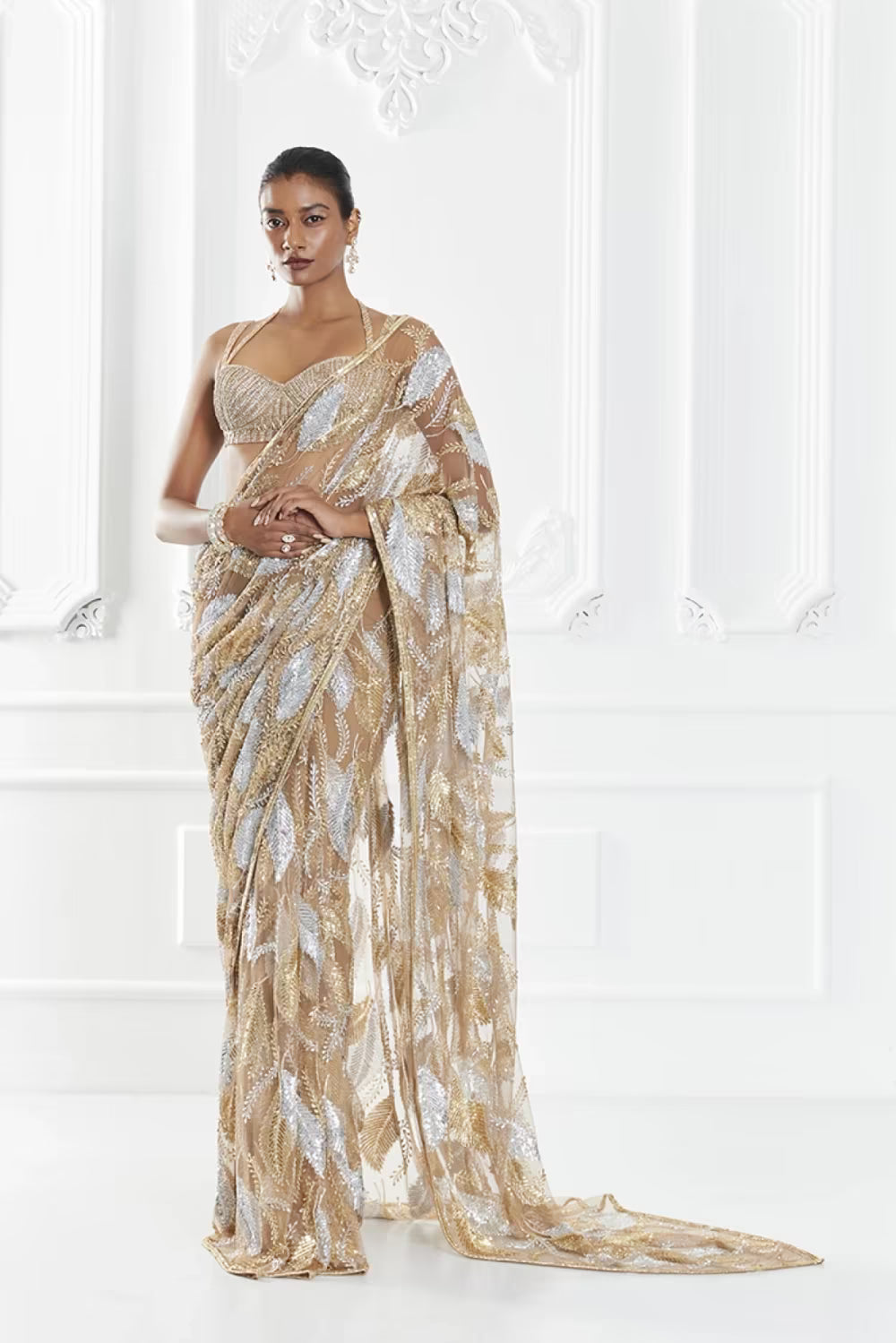 Brown Embellished Saree Set