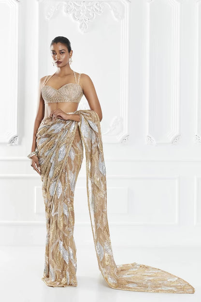 Brown Embellished Saree Set