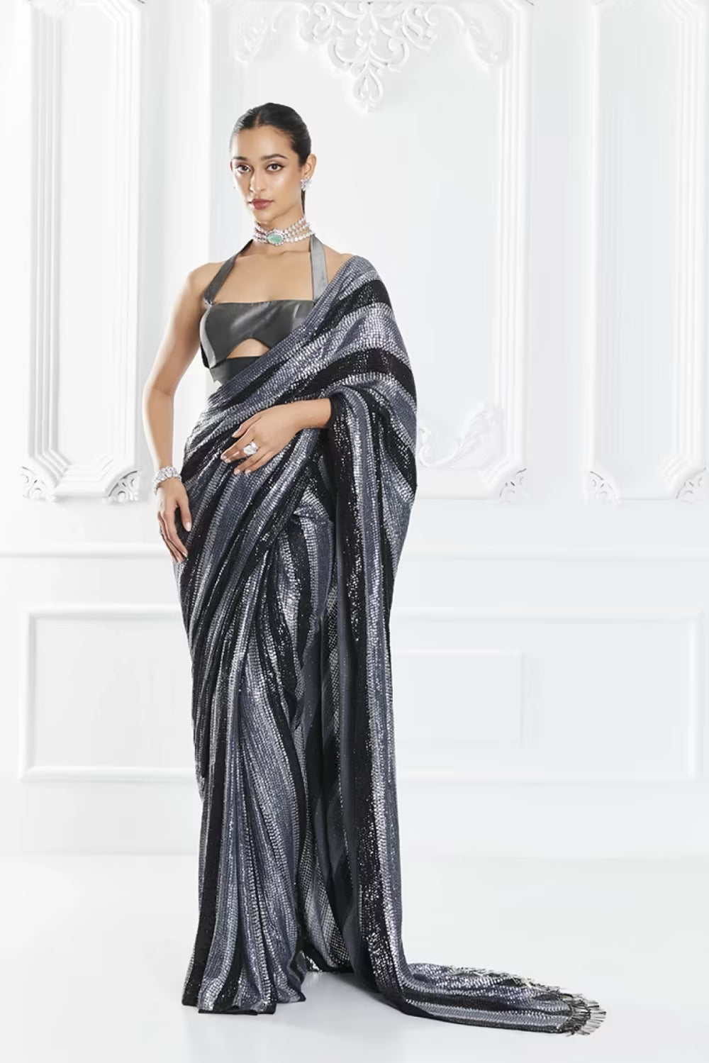 Grey Striped Sequin Saree Set