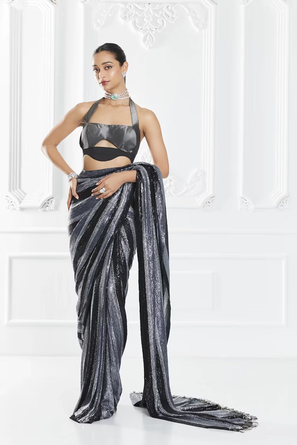 Grey Striped Sequin Saree Set