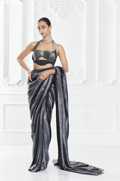 Grey Striped Sequin Saree Set