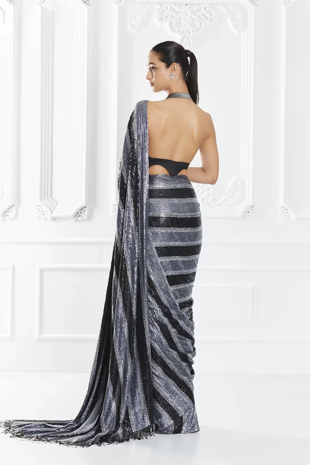 Grey Striped Sequin Saree Set