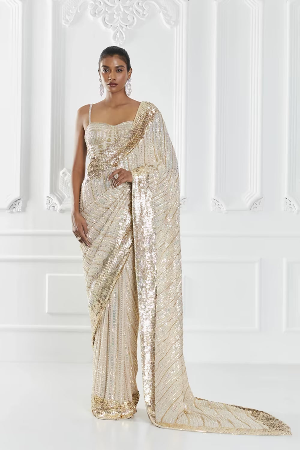Light Beige Sequin Embellished Saree Set