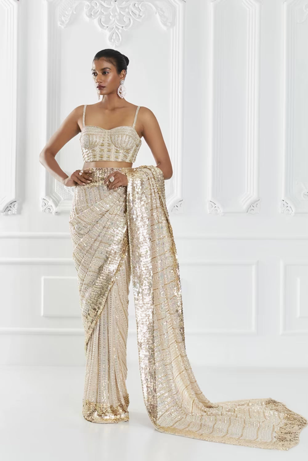 Light Beige Sequin Embellished Saree Set