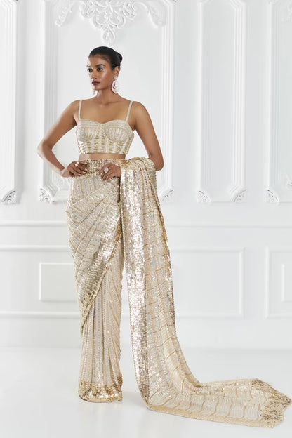 Light Beige Sequin Embellished Saree Set
