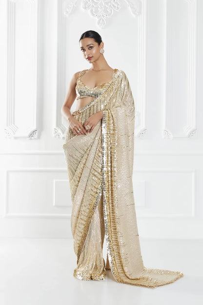 Nude and Gold Sequin Embellished Saree Set