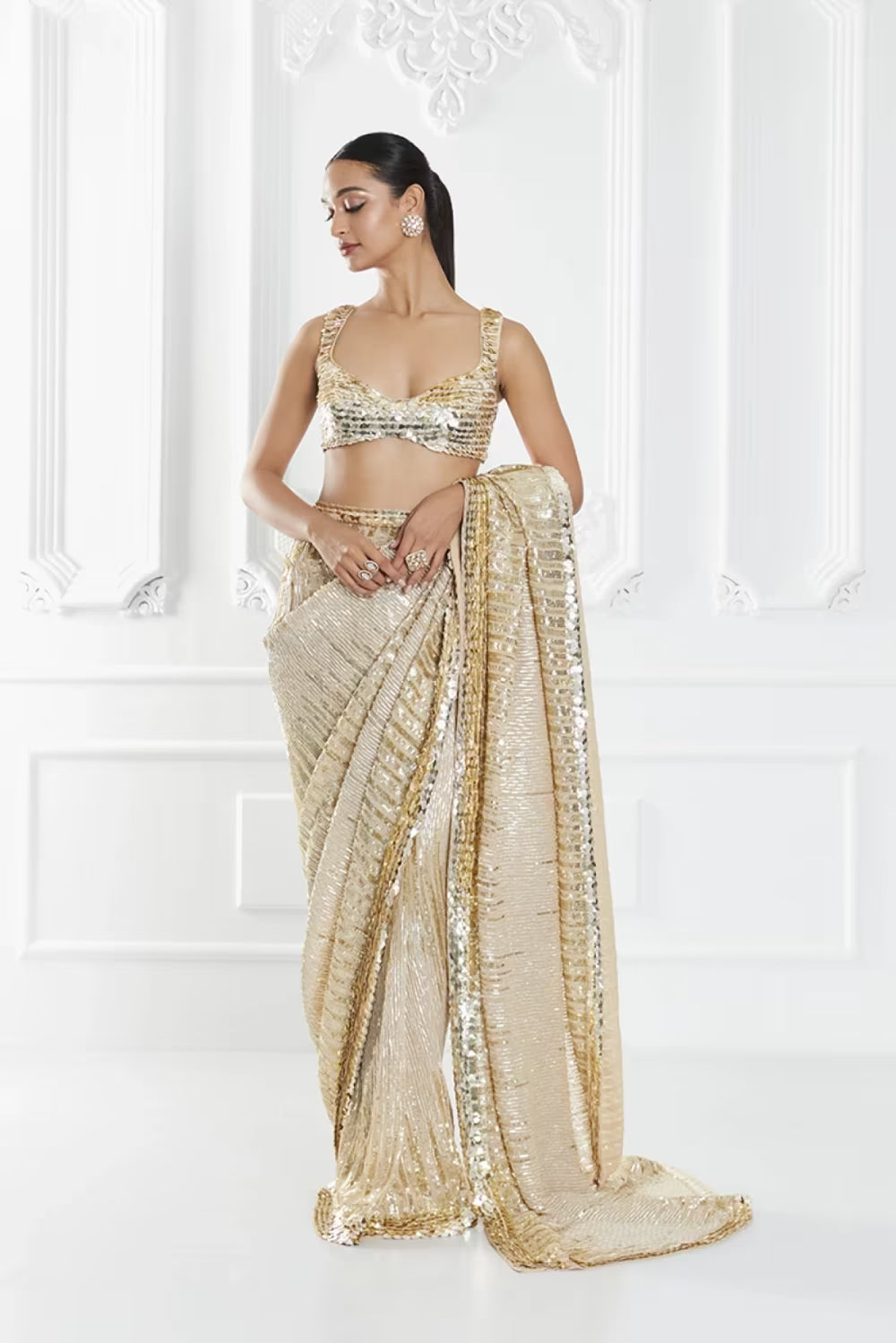 Nude and Gold Sequin Embellished Saree Set