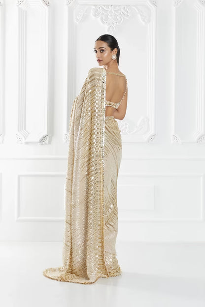 Nude and Gold Sequin Embellished Saree Set