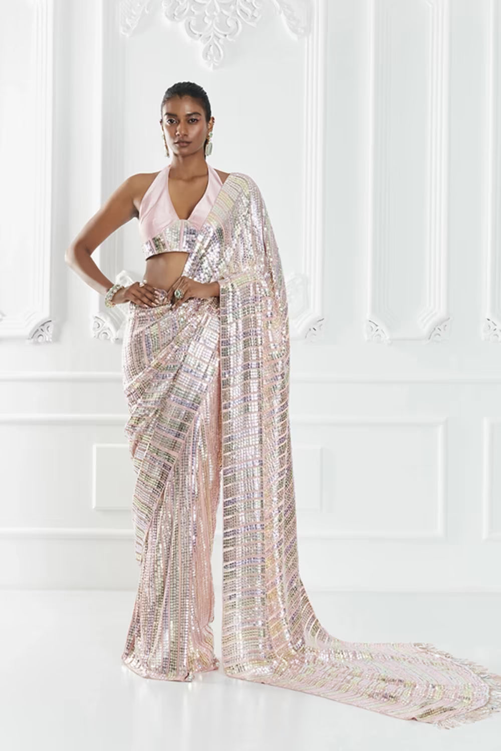 Peach and Gold Striped Sequin Saree Set