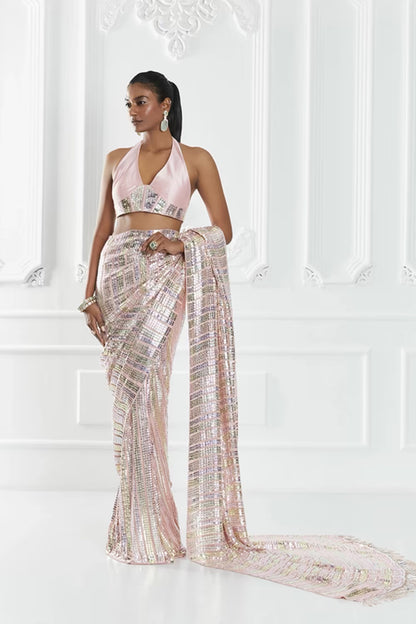 Peach and Gold Striped Sequin Saree Set