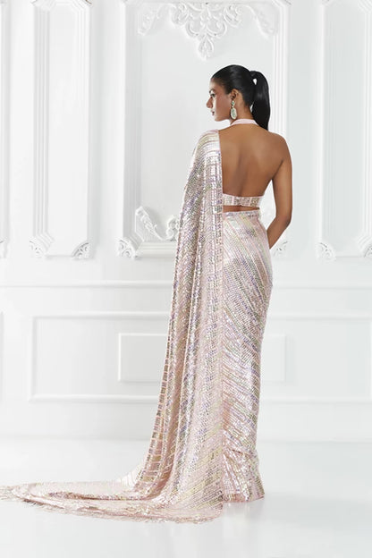 Peach and Gold Striped Sequin Saree Set