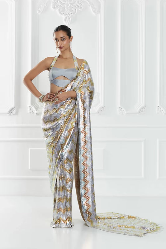 Grey Chevron Sequin Saree Set