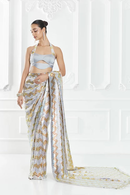 Grey Chevron Sequin Saree Set