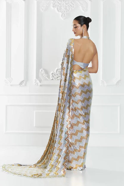 Grey Chevron Sequin Saree Set