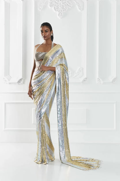 Gold and Silver Striped Sequin Saree Set