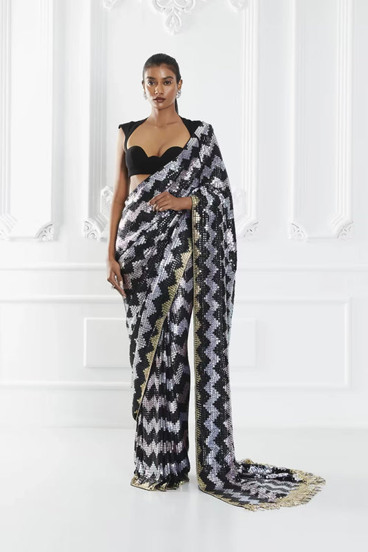 Black Chevron Sequin Saree Set