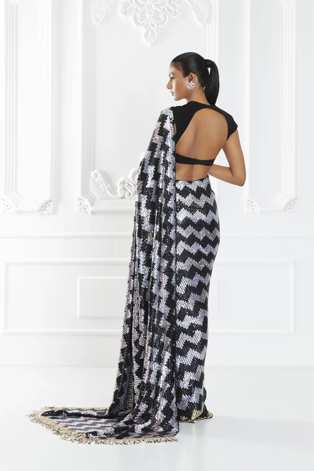 Black Chevron Sequin Saree Set