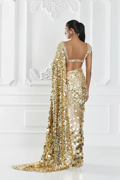 Nude Sequin Embellished Saree Set