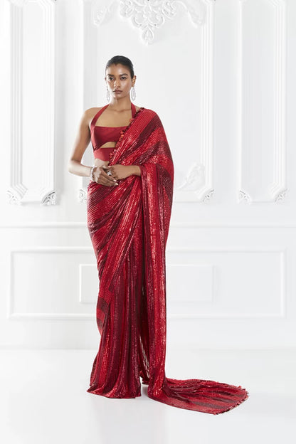 Red Striped Sequin Saree Set