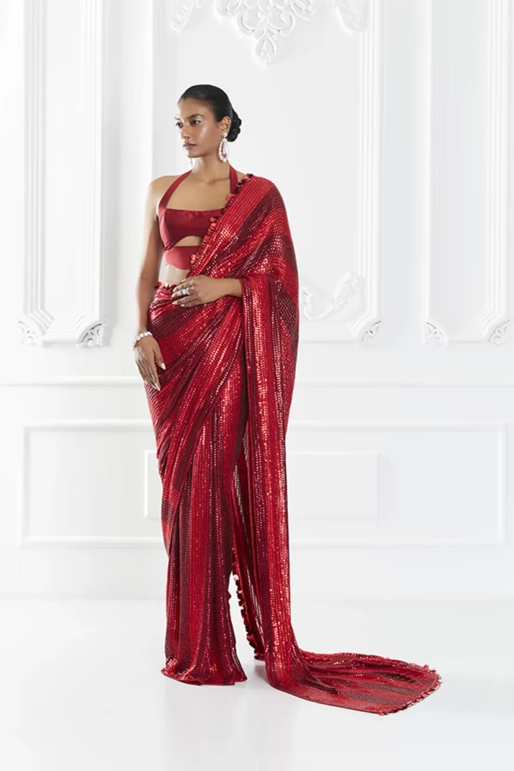 Red Striped Sequin Saree Set