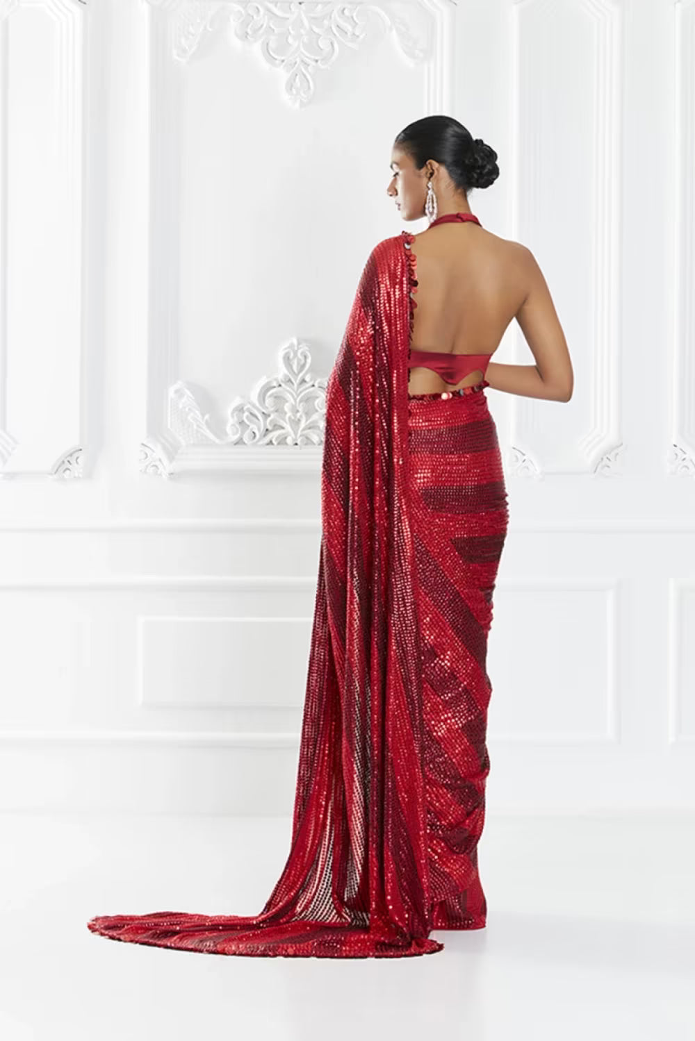 Red Striped Sequin Saree Set