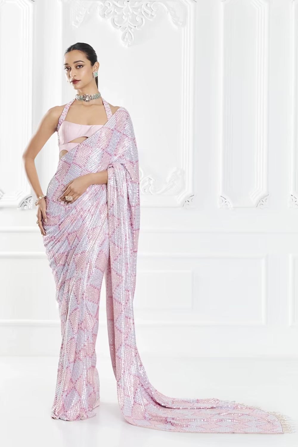 Pink Sequin Embellished Checkered Saree Set