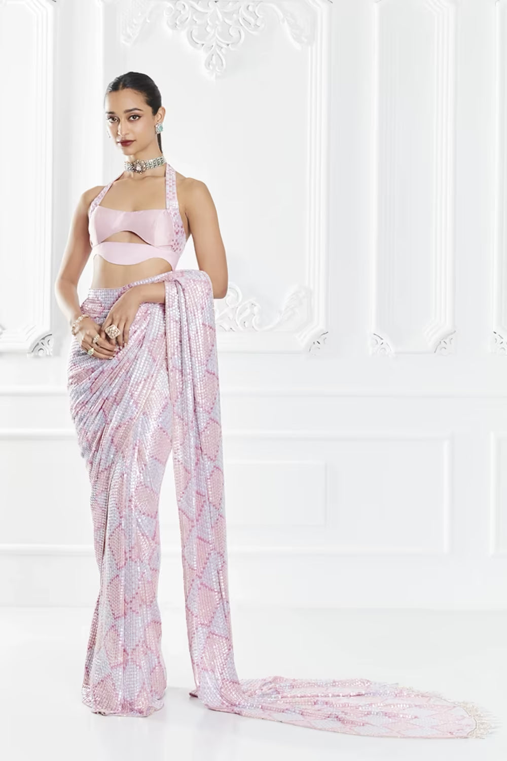 Pink Sequin Embellished Checkered Saree Set