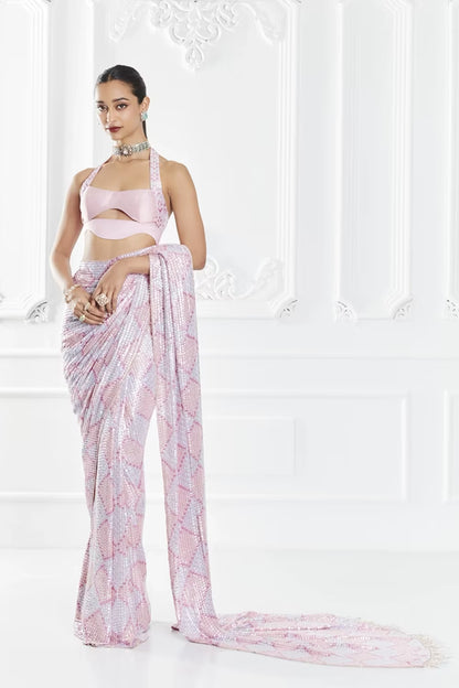 Pink Sequin Embellished Checkered Saree Set