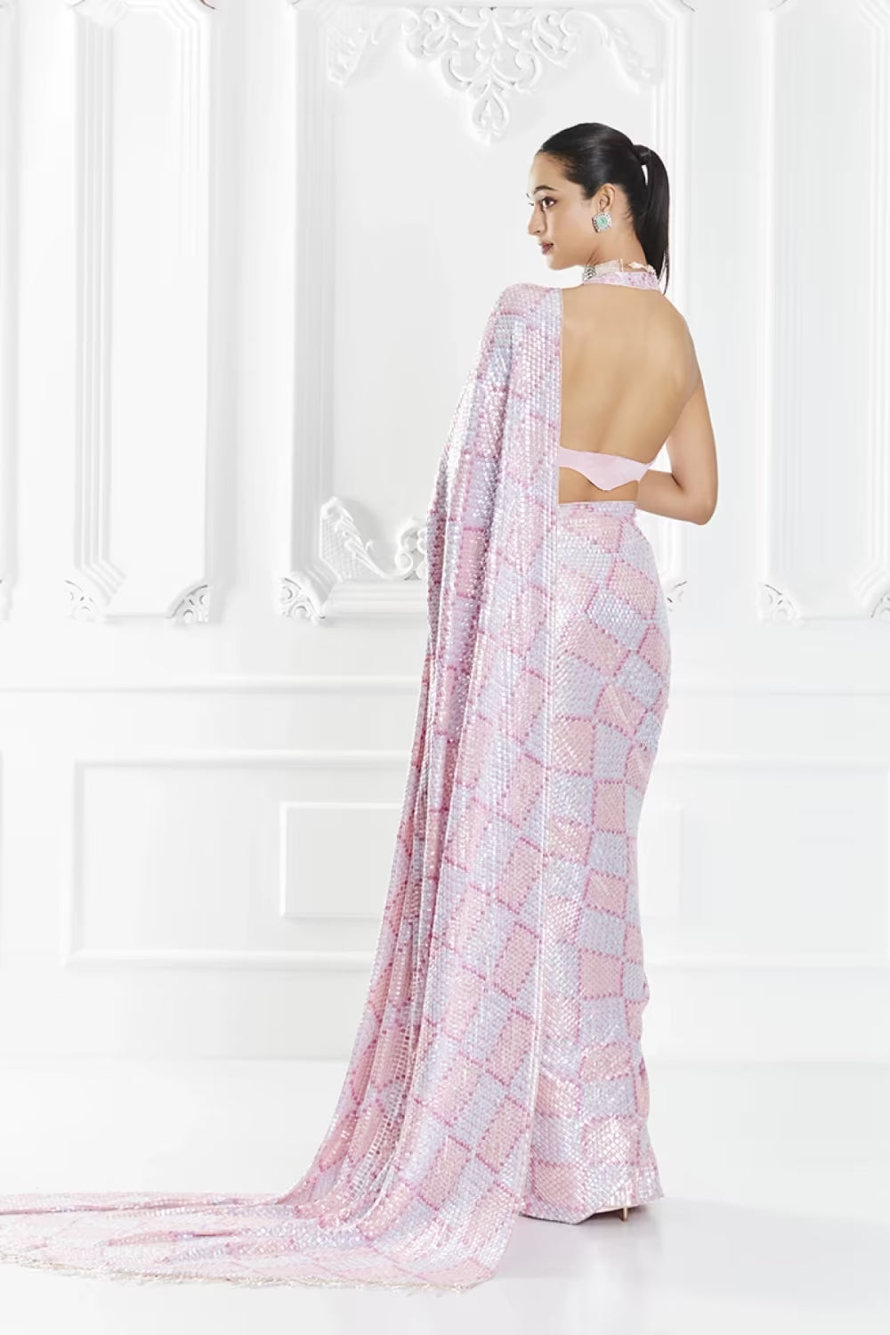 Pink Sequin Embellished Checkered Saree Set