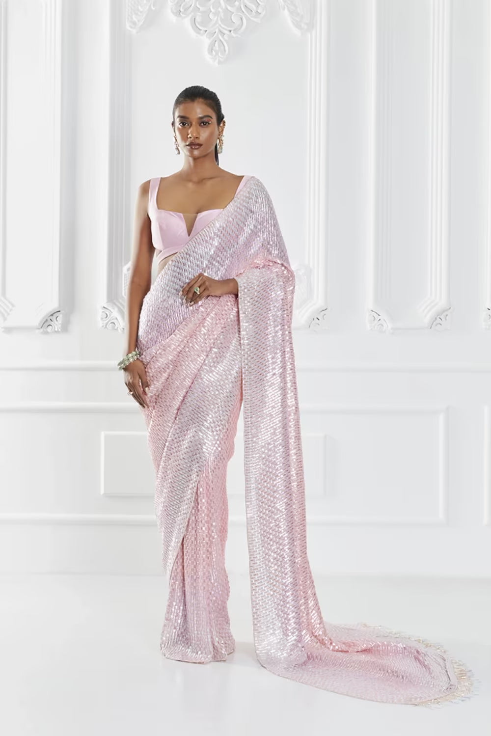 Pink Sequin Embellished Saree Set