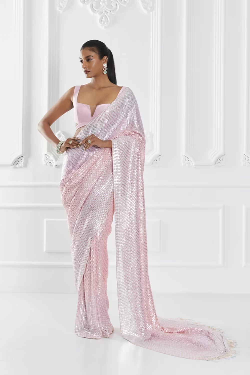 Pink Sequin Embellished Saree Set