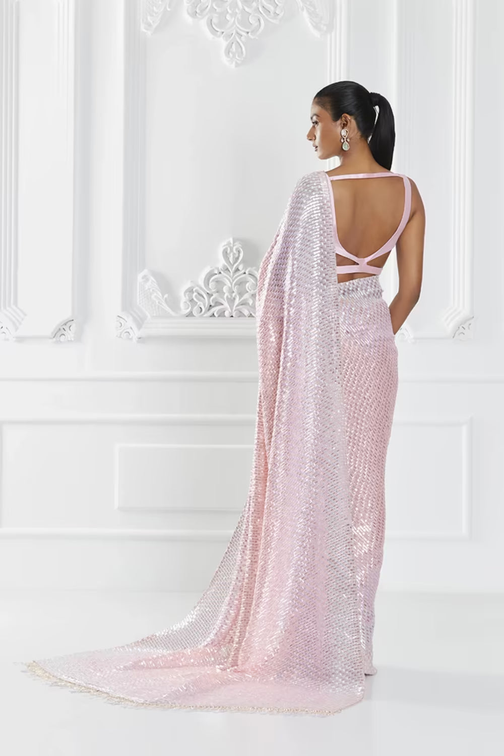 Pink Sequin Embellished Saree Set