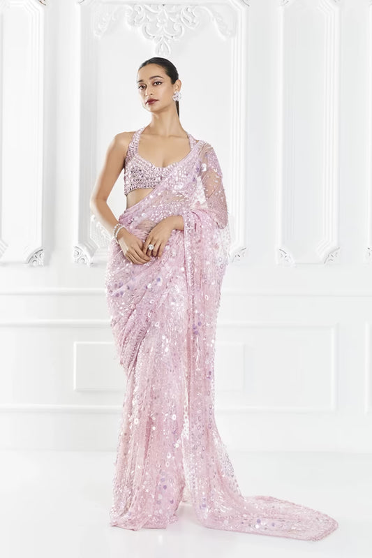 Pink Sequin Embellished Saree Set