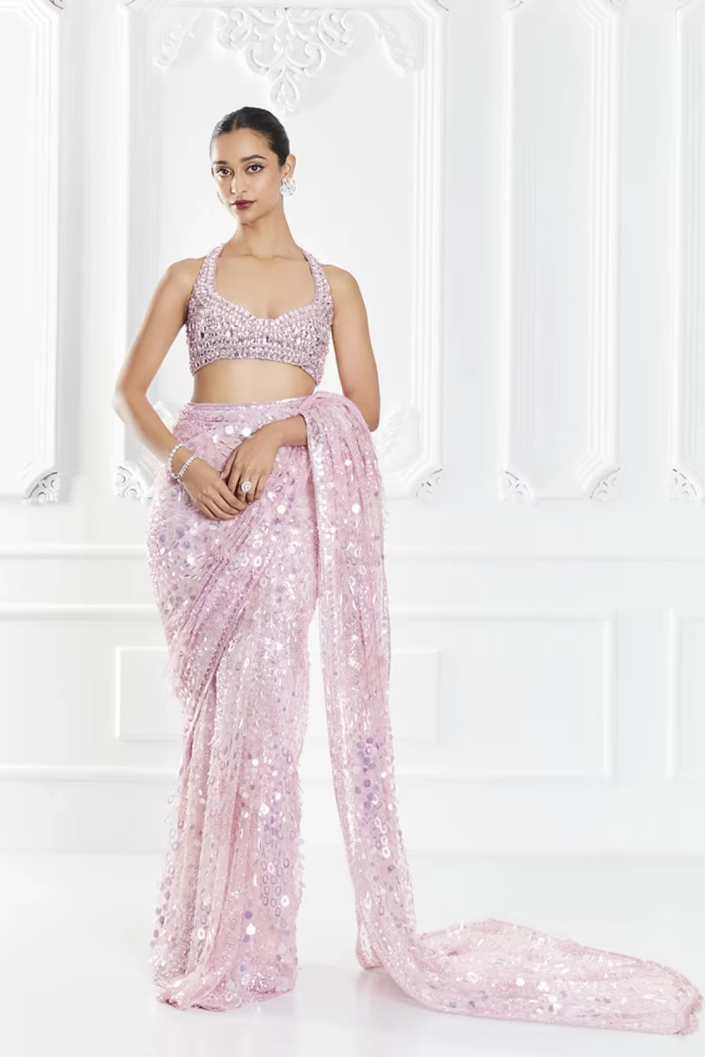 Pink Sequin Embellished Saree Set